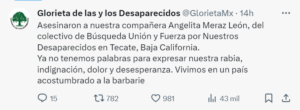 Tweet de Glorieta de las y los Desaparecidos 