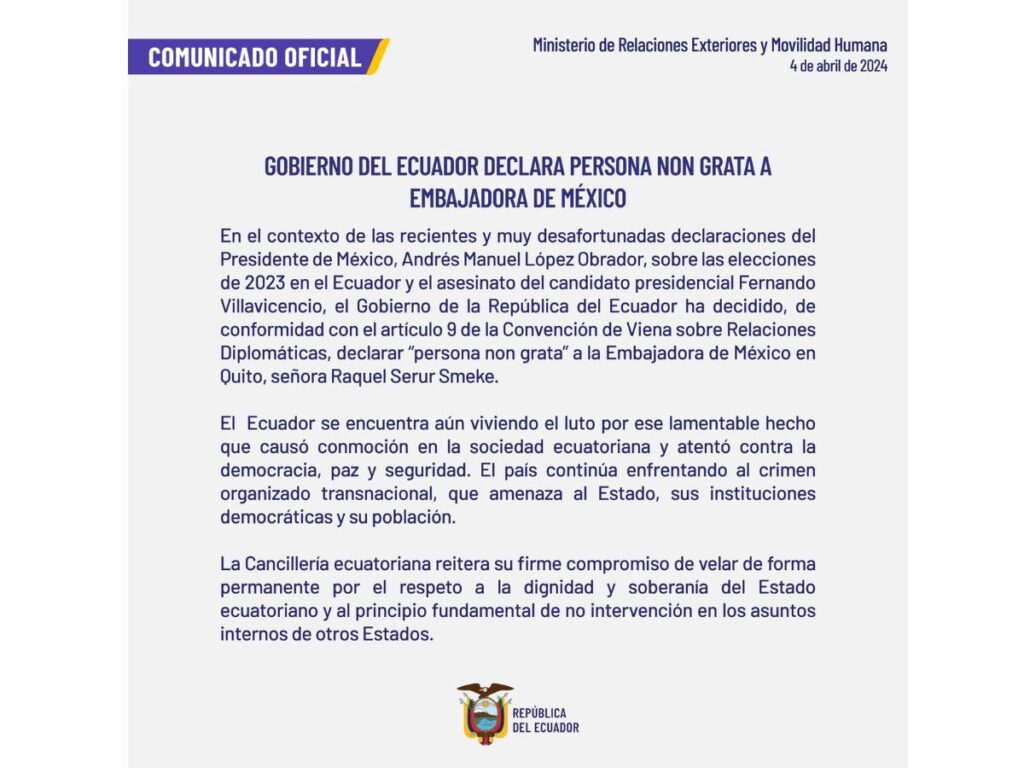 Gobierno de Ecuador declara como persona non grata a la embajadora de México
