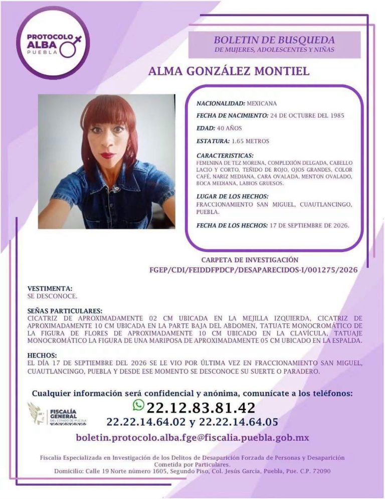 🚨 Buscan a Alma González Montiel, tlaxcalteca desaparecida en Puebla