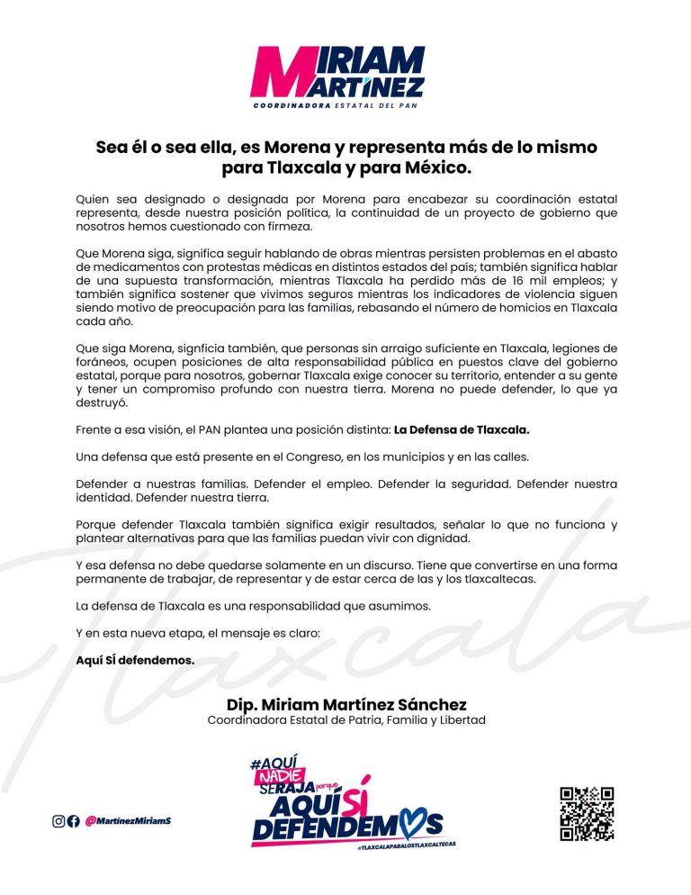 Miriam Martínez critica continuidad de Morena y plantea “la defensa de Tlaxcala”